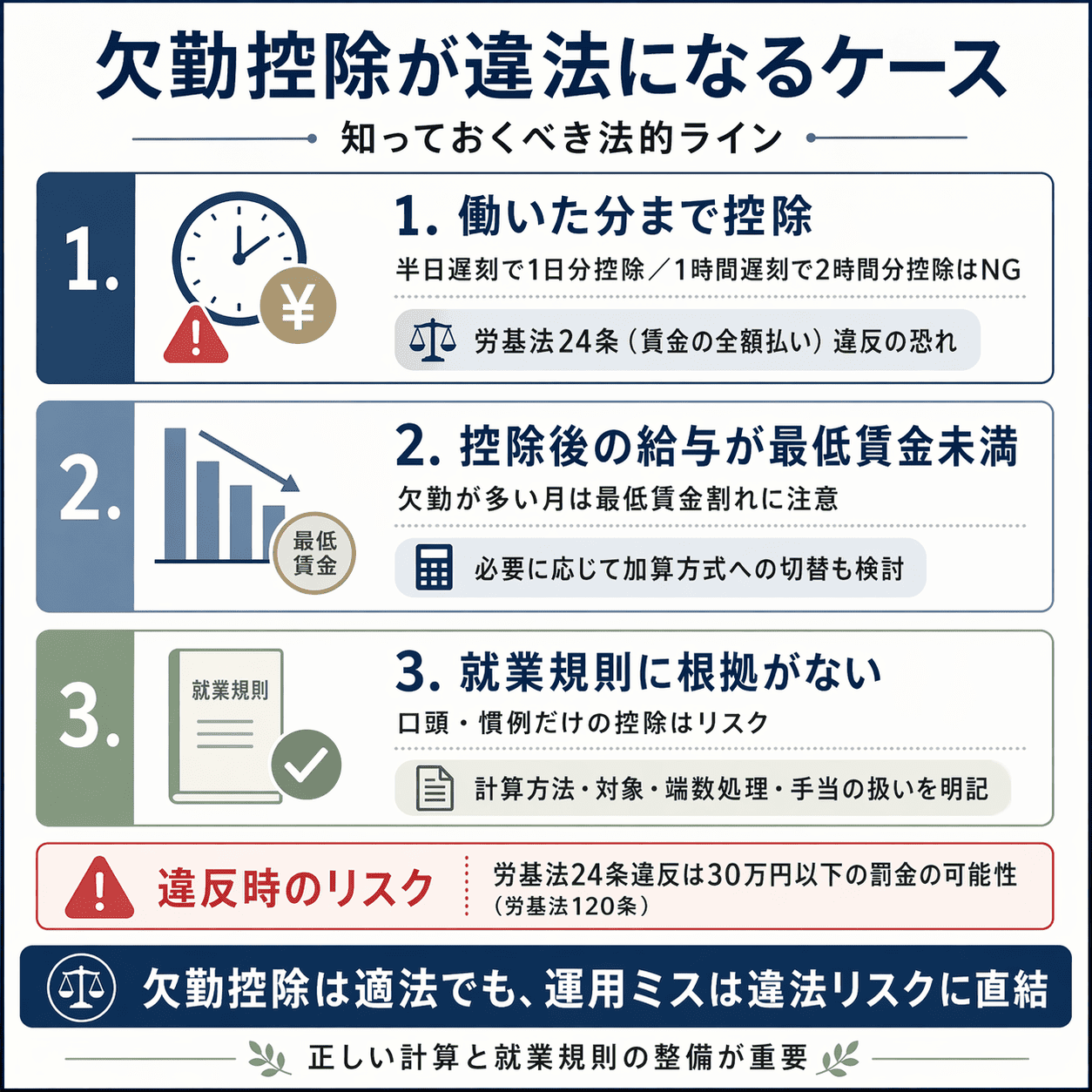 欠勤控除が違法になる3つのケース要約画像