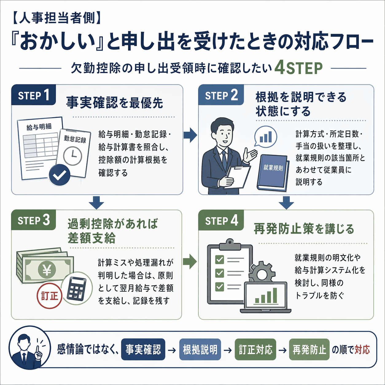欠勤控除が「おかしい」と申し出を受けたときの対応フロー