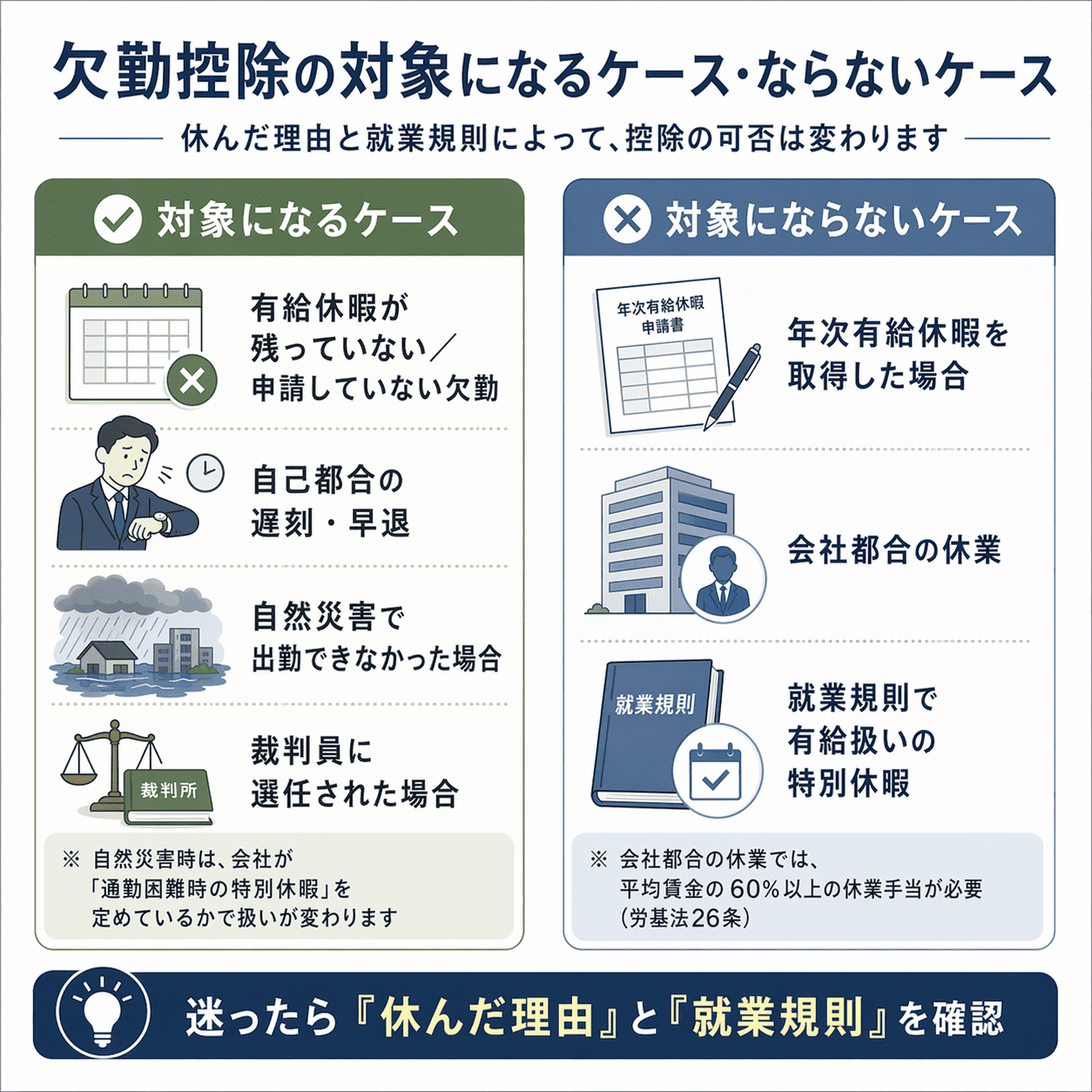 欠勤控除の対象になるケース・ならないケースまとめ図